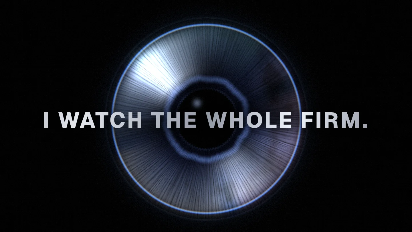 The agent platform's public face: a photoreal iris over black with the line, I watch the whole firm.