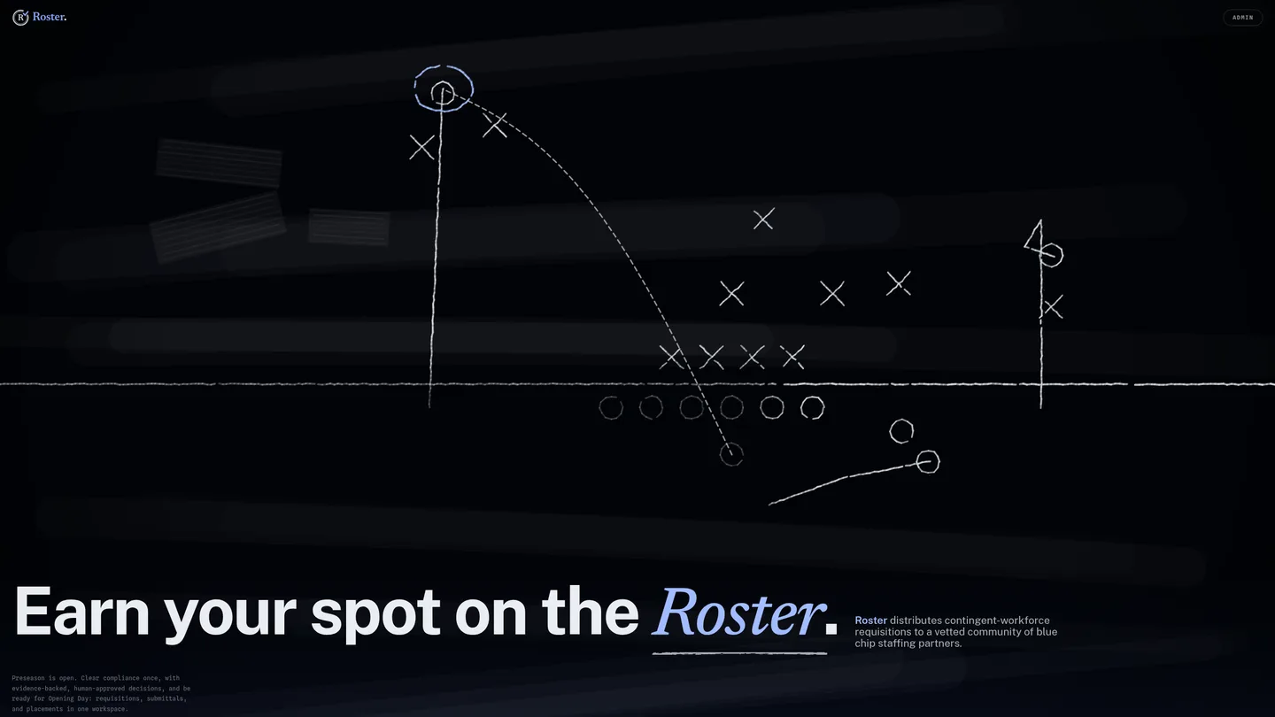 Roster: the marketplace splash with a hand-drawn chalk play diagram and the line: Earn your spot on the Roster.